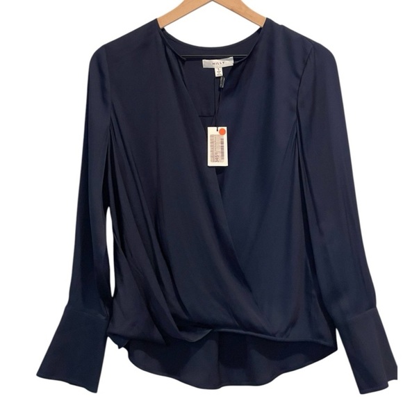 NWT Milly Elysa Silk Blend Wrap Blouse, Long Sleeve, Cuffed, Navy Blue, Size S - Picture 1 of 15